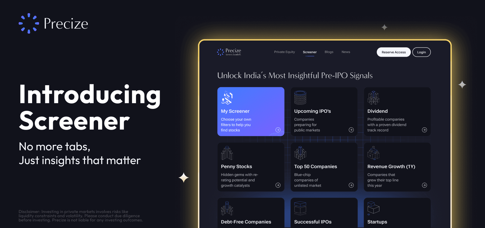 Precize Screener dashboard showing customizable filters and company financial metrics for listed and unlisted companies